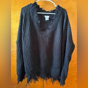 Main Strip Black Fringe V-Neck Sweater